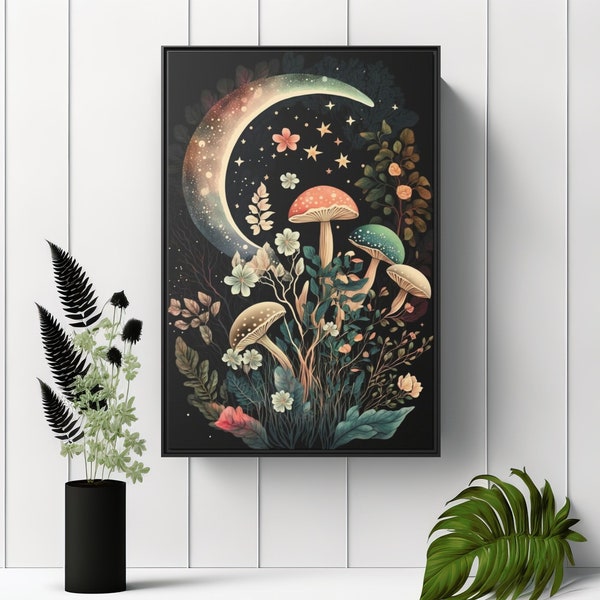 Framed Mushroom Canvas Print Bedroom Wall Hanging Gift For Daughter, Moon Phase Celestial Wall Decor Living Room Canvas Art Gift For Hippie