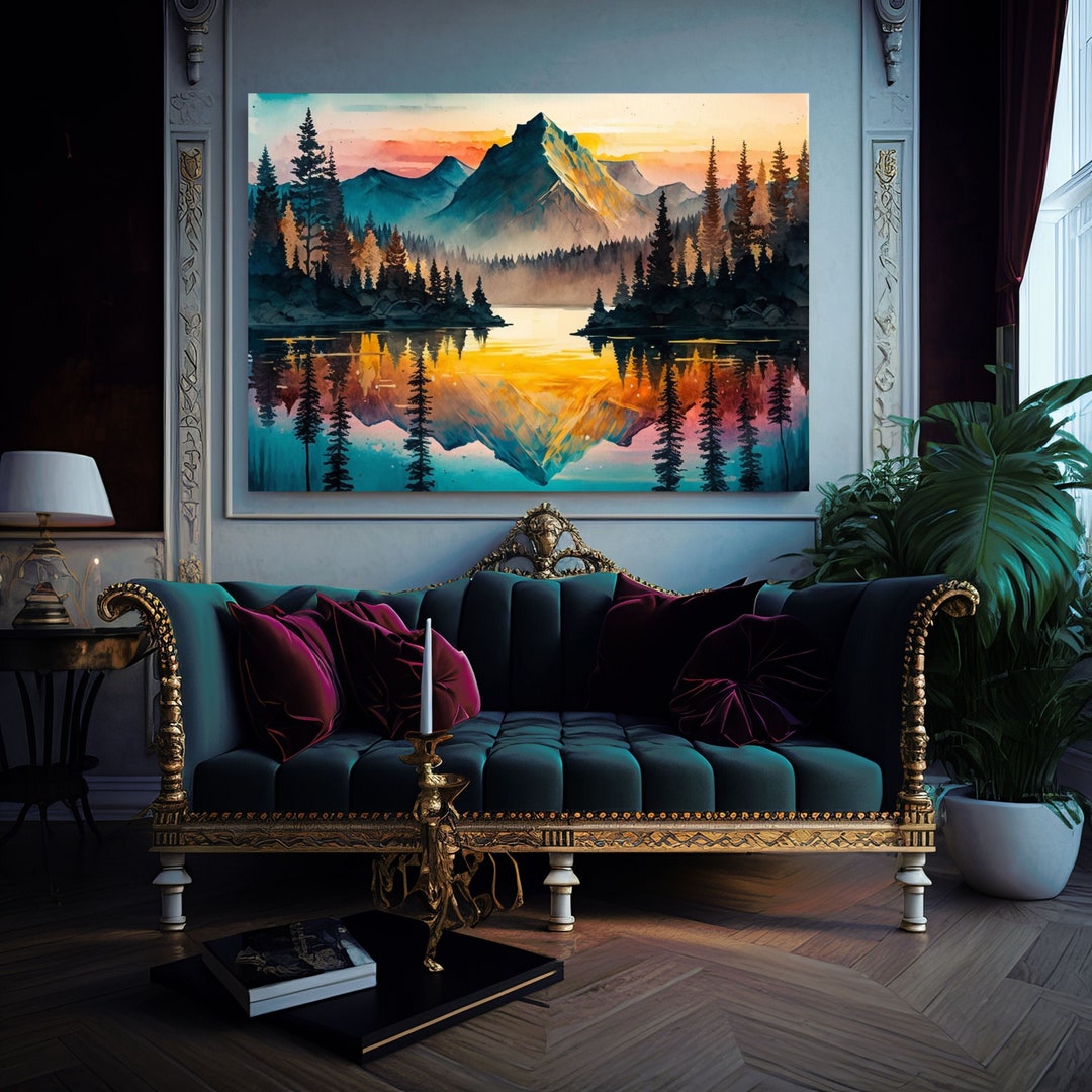 Mountain Sunset Canvas Print, Watercolor Painting, Landscape Art