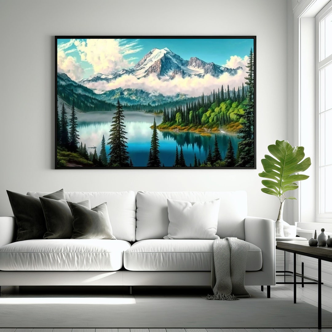 Mountain Wall Art Framed Canvas Print Landscape Watercolor Painting ...