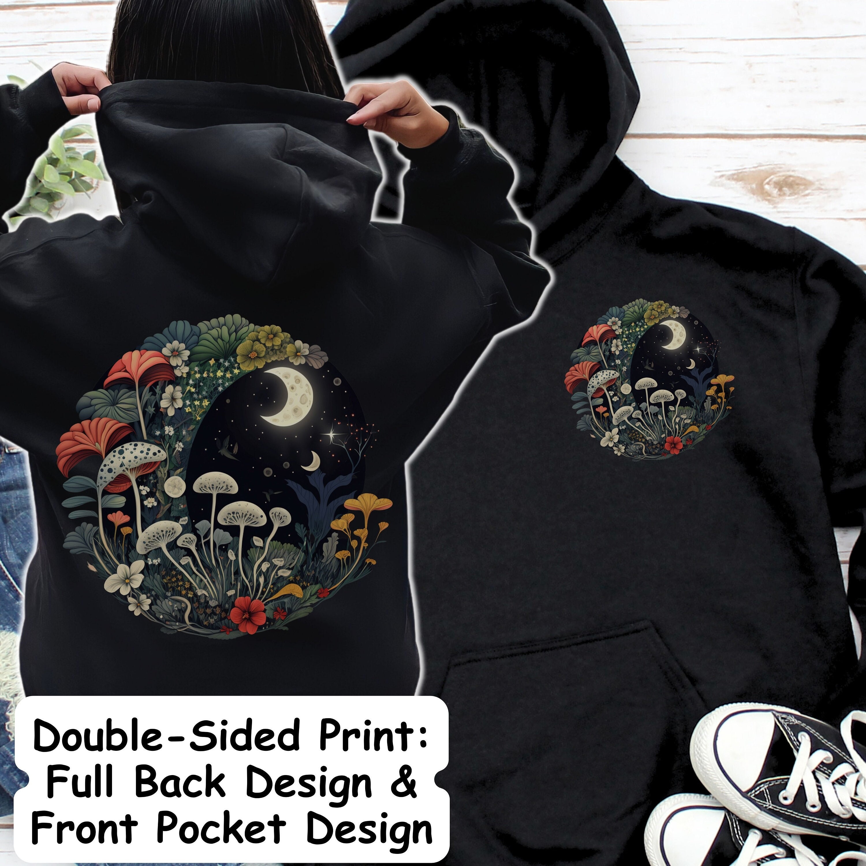 Mushroom Moon Back Print Hoodie Floral Gifts Moon Lover