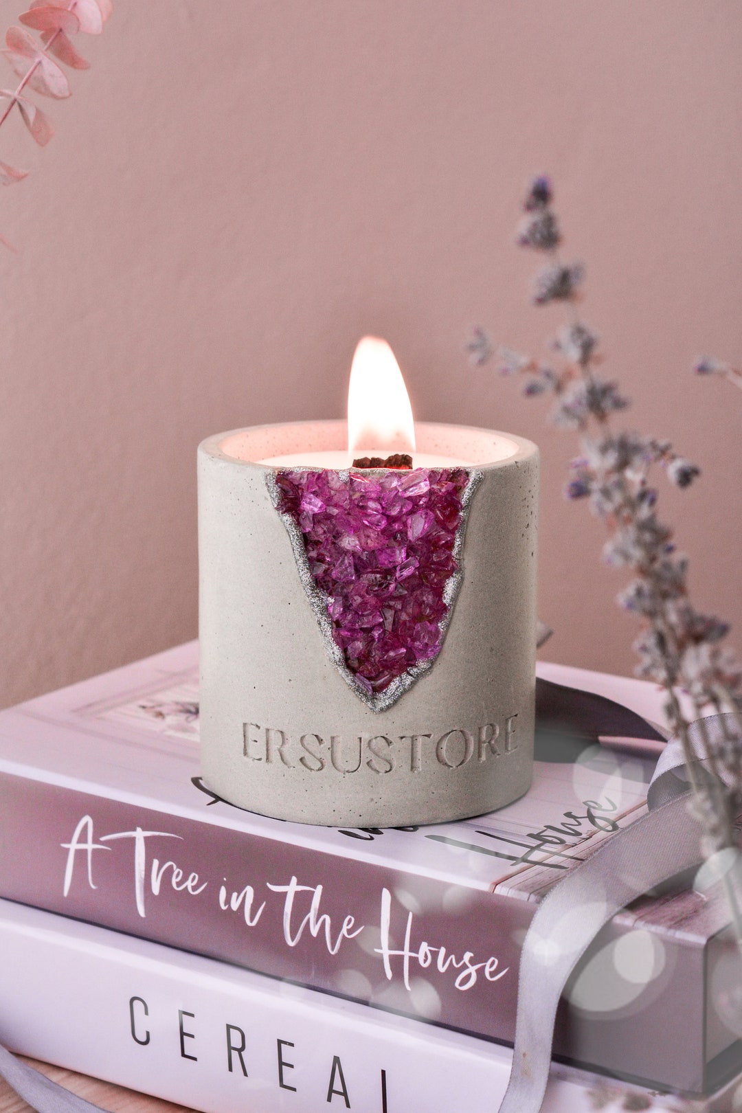 Concrete Candle Jar,purple Crystal Decor, Gemstones Candle Jar