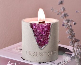 Concrete Candle Jar,Purple Crystal Decor, Gemstones Candle Jar, Amethyst Candle Jarpink Concrete Candle Crystal Geode , Home Decor