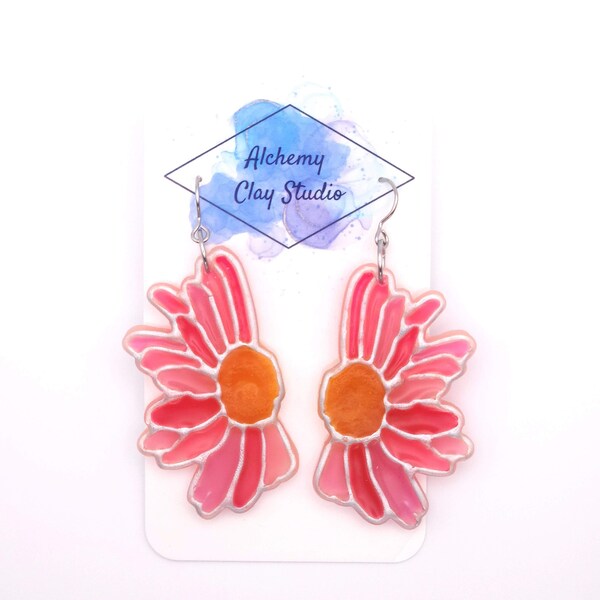 Stained-glassed Pink Flowers + Polymer Clay Earrings + Translucent Earrings