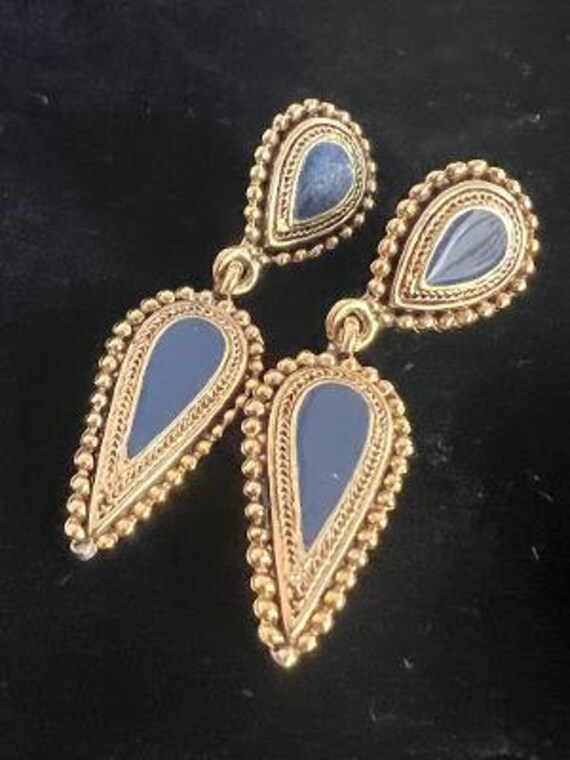 Vintage Goldtone and dark Blue Enamel earrings - image 3