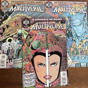 May include: A collection of comic books featuring the title "Multiverse" by Michael Moorcock. The covers display vibrant illustrations with characters, a sword, and the text "New Adventures of the Eternal Champion" and "A Universe of Roses".