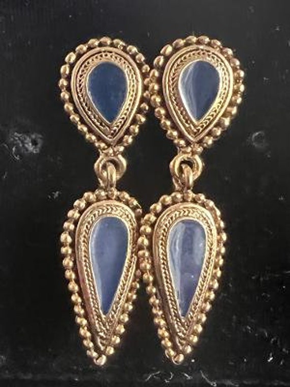 Vintage Goldtone and dark Blue Enamel earrings - image 1