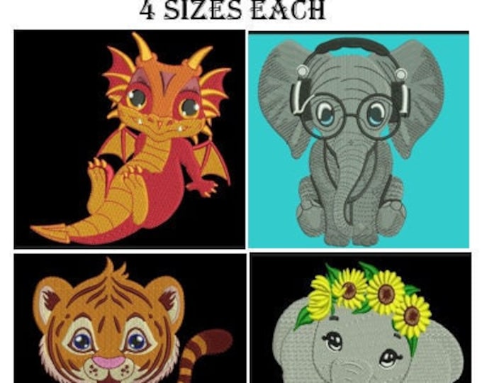 Huge Sale!!! Baby Elephants, Tiger & Dragon Instant Download Embroidery Design Brother - Viking - Singer - Juki - PES - XXX - Hus - 4 Sizes