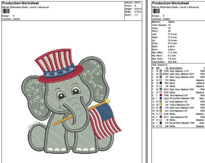 JULY 4TH Baby Elephant Embroidery Design| Machine Embroidery| Shirt Embroidery| 4 Sizes |6 Formats | Viking | Janome| Brother