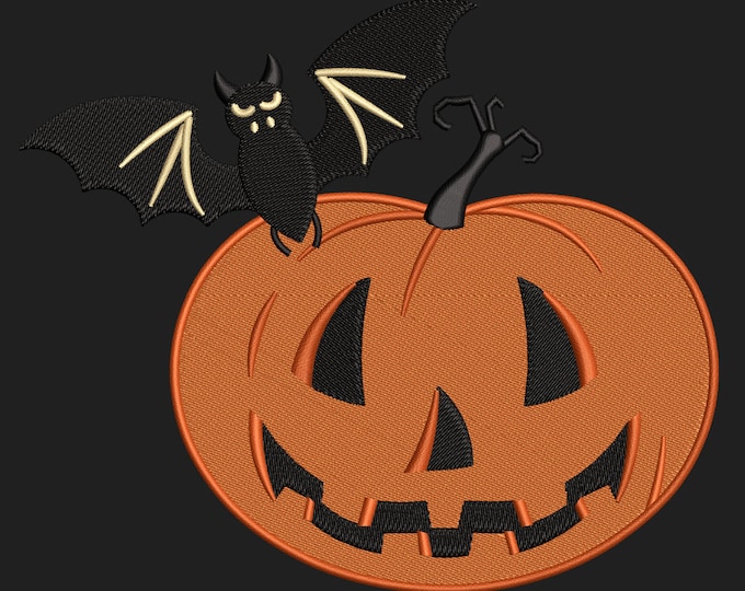 Halloween Pumpkin with a Bat Instant Download Embroidery Design - Brother - Viking - PFAFF - Singer - Juki - PES - XXX- Hus - 4 Sizes