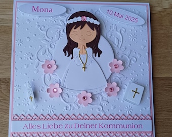 Personalisierte Karte zur Erstkommunion Mädchen, Glückwunsch, Gruß oder Gutschein, Geldgeschenk, Klappkarte Billet 3D Handarbeit