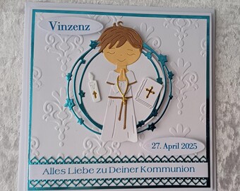 Personalized First Communion card, congratulatory card for a boy, folding card, 3D billet