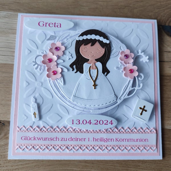 Tarjeta de primera comunión personalizada para niñas, tarjeta plegable Billet 3D hecha a mano