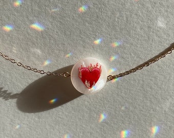 Hand-Painted Flaming Heart Choker, Burning Heart Emoji Necklace, Mother of Pearl Necklace, 18k Gold Plated Necklace, Original Art Piece
