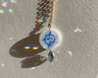 Hand-Painted Sun and Moon Necklace, Mother of Pearl Necklace, 18k Gold Plated Necklace, Handmade Necklace, Original Art Piece Necklace