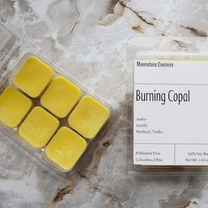 May include: A clear plastic container with six yellow wax melts. The container has a label that reads "Moonstone Essences Burning Copal" and lists the scent notes as "Amber, Vanilla, Patchouli, Tonka". The label also states that the wax melts are phthalate free and made with 100% soy wax. The net weight is 1.65 oz (47 g).