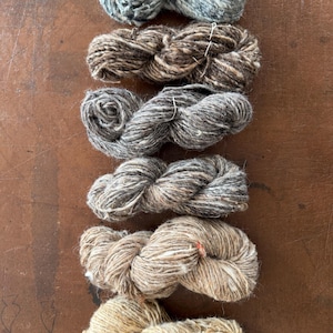 Può includere: Una collezione di sei gomitoli di lana in vari colori, tra cui sfumature di blu, marrone, grigio e beige. La lana appare spessa e strutturata, adatta per progetti di maglieria o uncinetto. I gomitoli sono disposti verticalmente su una superficie marrone.