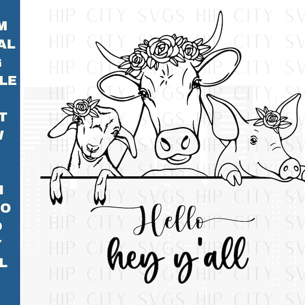 Farm Animals Door Hanger SVG, Hey Y'all Door Hanger, Hello Door Hanger, SVG file for Cricut, Farm Animal PNG, Cutting Files For Cricut