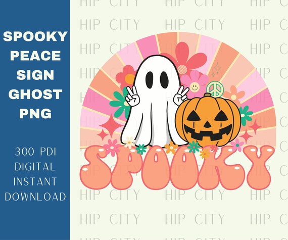 Spooky Ghost PNG, Ghost Sublimation, Digital Halloween File, Instant Download, Groovy Ghost, Peace Sign Ghost, Retro Ghost
