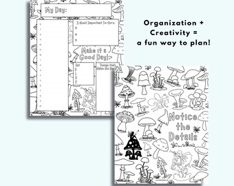 May include: Black and white printable planner page with a mushroom theme. The page includes sections for "My Day", "3 Most Important To-Do's", "Make it a Good Day!", and "Things that Make Me Sing". The page also includes a whimsical illustration of a fairy and mushrooms.