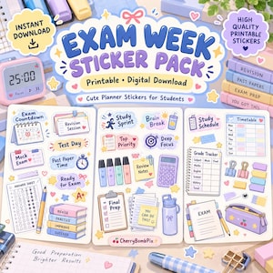 Puede incluir: Un paquete de pegatinas digitales para estudiantes con tres hojas de pegatinas imprimibles para planificadores, con gráficos de estudio que incluyen calendarios, seguimiento de notas, listas, papelería y textos motivadores en tonos pastel.