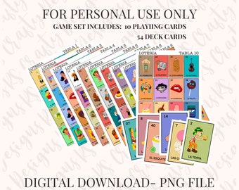 May include: A set of 10 colorful playing cards for the game Loteria. The cards feature various images, including a guitar, a popsicle, a cup of coffee, and a cake. The text on the cards reads "TABLA 1" through "TABLA 10". The text "FOR PERSONAL USE ONLY" and "GAME SET INCLUDES: 10 PLAYING CARDS 54 DECK CARDS" is at the top of the image. The text "DIGITAL DOWNLOAD - PNG FILE" is at the bottom of the image.