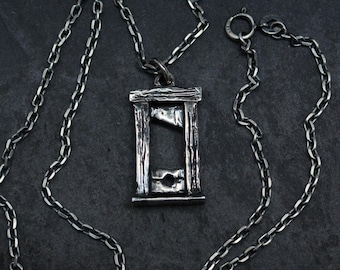Handmade Sterling Silver Guillotine Pendant: Gothic Macabre Necklace