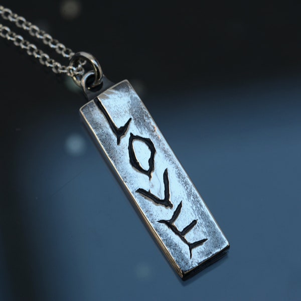 Love/Hate Pendant Handmade in Argentium Silver, Rectangular Edgy Gothic Hammered Necklace, Rustic Engraved Jewelry with Oxidisation, Unisex