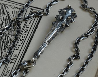 Handmade Sterling Silver Spiked Mace Pendant: Medieval Fantasy Necklace