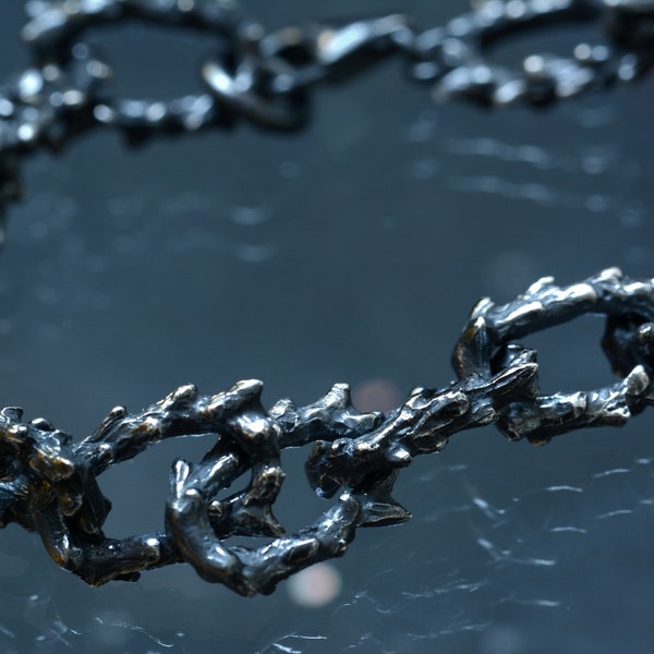 Thorn Chain Link Bracelet Handmade in Oxidised Sterling Silver, Spiked Thorn Branch Chain Bracelet with Rustic Brutalist Dark Finish, Unisex