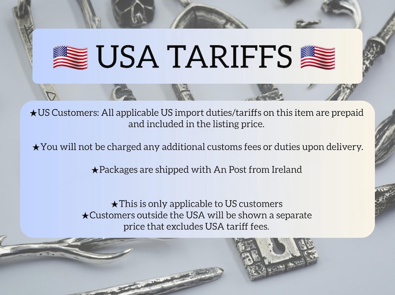 May include: A rectangular informational graphic with a light blue to white gradient background. The text reads USA TARIFFS with two American flag icons. Below, bullet points explain that US import duties are prepaid and included in the price.