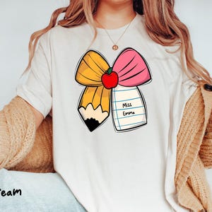 Custom Pencil Bow Teacher Shirt, Teaching Shirt, Personalized Teacher Gift,School Shirt,Coquette Teacher Shirt, Coquette Bow Shirt