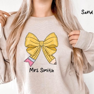 Custom Pencil Bow Teacher T-Shirt, Teaching Shirt, Personalized Teacher Gift,School Shirt,Coquette Teacher Shirt, Coquette Bow Shirt