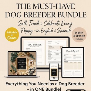 以下が含まれることがあります： 英語とスペイン語で編集可能なテンプレートを備えた、犬のブリーダー向け必須バンドル。子犬の契約書、健康記録、領収書、ソーシャルメディアテンプレートが含まれています。