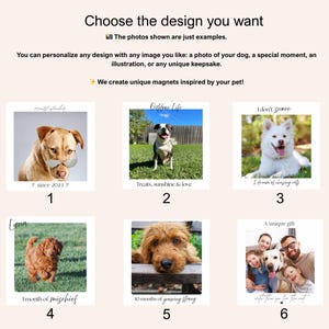 K&ouml;nnte beinhalten: Eine Auswahl an personalisierten Magneten zum Thema Haustiere. Jeder Magnet zeigt ein anderes Hundefoto mit Text. Der Text enth&auml;lt S&auml;tze wie "seit 2023", "Leckerlis, Sonnenschein & Liebe" und "1 Monat Unfug".