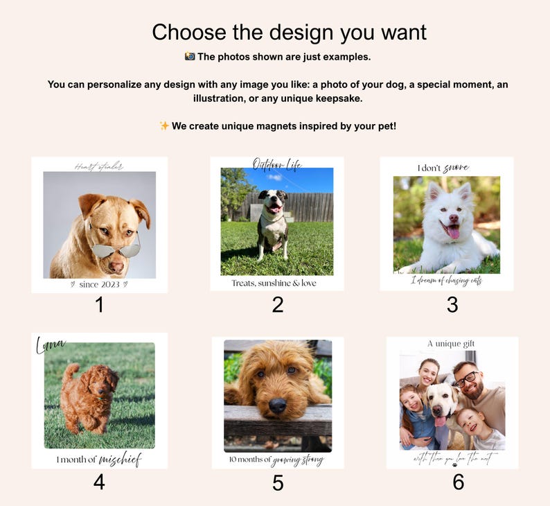 K&ouml;nnte beinhalten: Eine Auswahl an personalisierten Magneten zum Thema Haustiere. Jeder Magnet zeigt ein anderes Hundefoto mit Text. Der Text enth&auml;lt S&auml;tze wie "seit 2023", "Leckerlis, Sonnenschein & Liebe" und "1 Monat Unfug".