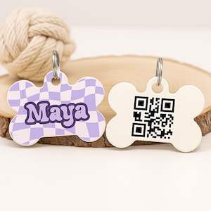 personalized dog tag retro checkerboard pet id custom engraved checkered name tag smart qr code scannable digital dog collar accessory gift