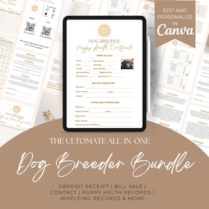 Puede incluir: Un paquete digital para criadores de perros que se muestra en una tableta, con una plantilla de certificado de salud para cachorros. La imagen incluye varios formularios y documentos, con el texto "Dog Breeder Bundle" y "Edit and Personalize in Canva."