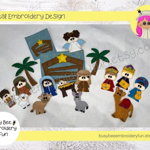 May include: A set of felt finger puppets depicting the Nativity scene. The set includes a stable, a star, a donkey, a sheep, a camel, three wise men, Mary, Joseph, and baby Jesus. The puppets are all brightly colored and have embroidered details.