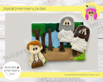 May include: A felt finger puppet set featuring three characters: a man with a beard, a man with a beard and long hair, and a boy. The characters are standing in front of a felt background with trees and a blue sky. The set is designed for use in storytelling or educational activities.