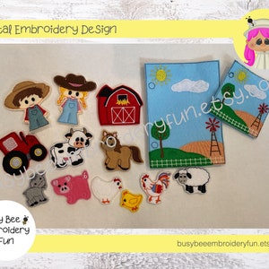 May include: A digital embroidery design set for a farm-themed felt board. The set includes a red barn, a tractor, a cow, a horse, a pig, a chicken, a chick, a sheep, a farmer, a farmer's wife, and a blue background with a sun, clouds, and a windmill.