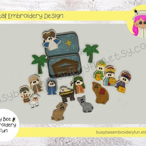May include: A digital embroidery design featuring a nativity scene with various felt figures, including Mary, Joseph, baby Jesus, angels, and the three wise men. The set includes a small tin with a star and stable design, and palm trees.