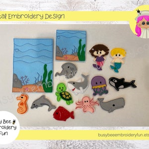 May include: A set of 13 felt ocean animal embroidery designs, including a shark, dolphin, turtle, octopus, jellyfish, whale, seahorse, and two mermaids. The designs are perfect for creating a fun and educational felt board for children.