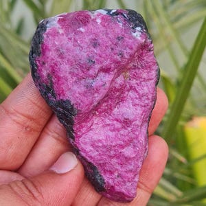 May include: A large, rough, pink ruby crystal with black inclusions. The crystal is irregularly shaped and has a smooth, polished surface.