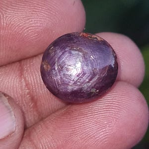 May include: A close-up of a purple star ruby gemstone with a six-pointed star in the centre. The gemstone is round and has a smooth, polished surface.