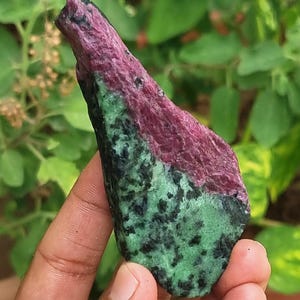 May include: A natural ruby and zoisite gemstone. The top section is a deep red-purple, changing to a green base with black speckles. The rough-cut stone is held against a backdrop of green foliage.