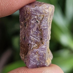 May include: A rough, uncut ruby gemstone with a deep purple hue. The natural stone has a textured surface with small black inclusions and a slightly rounded shape. The ruby is held between two fingers, showcasing its raw, organic beauty.