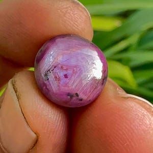 May include: A round, polished ruby gemstone. The gem is a deep pink color with internal patterns and inclusions. The surface reflects light, showcasing its luster. The ruby is held between fingers, with a blurred green background.