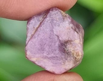May include: A rough, uncut, purplish-pink gemstone held between fingers. The stone has a crystalline structure with visible facets and a slightly uneven surface. The background is a blurred green, suggesting a natural setting.