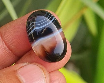 Sulemani Aqeek Cabochon: Natural Black Agate Gemstone, Ring Size (22x14 mm)