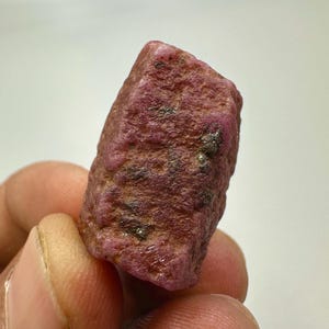 以下が含まれることがあります： 深い赤色の、未加工のルビー原石。 天然石は、暗いインクルージョンとわずかに不規則な形状を持つテクスチャード加工された表面を持っています。 ルビーは白い背景に対して手で持たれています。
